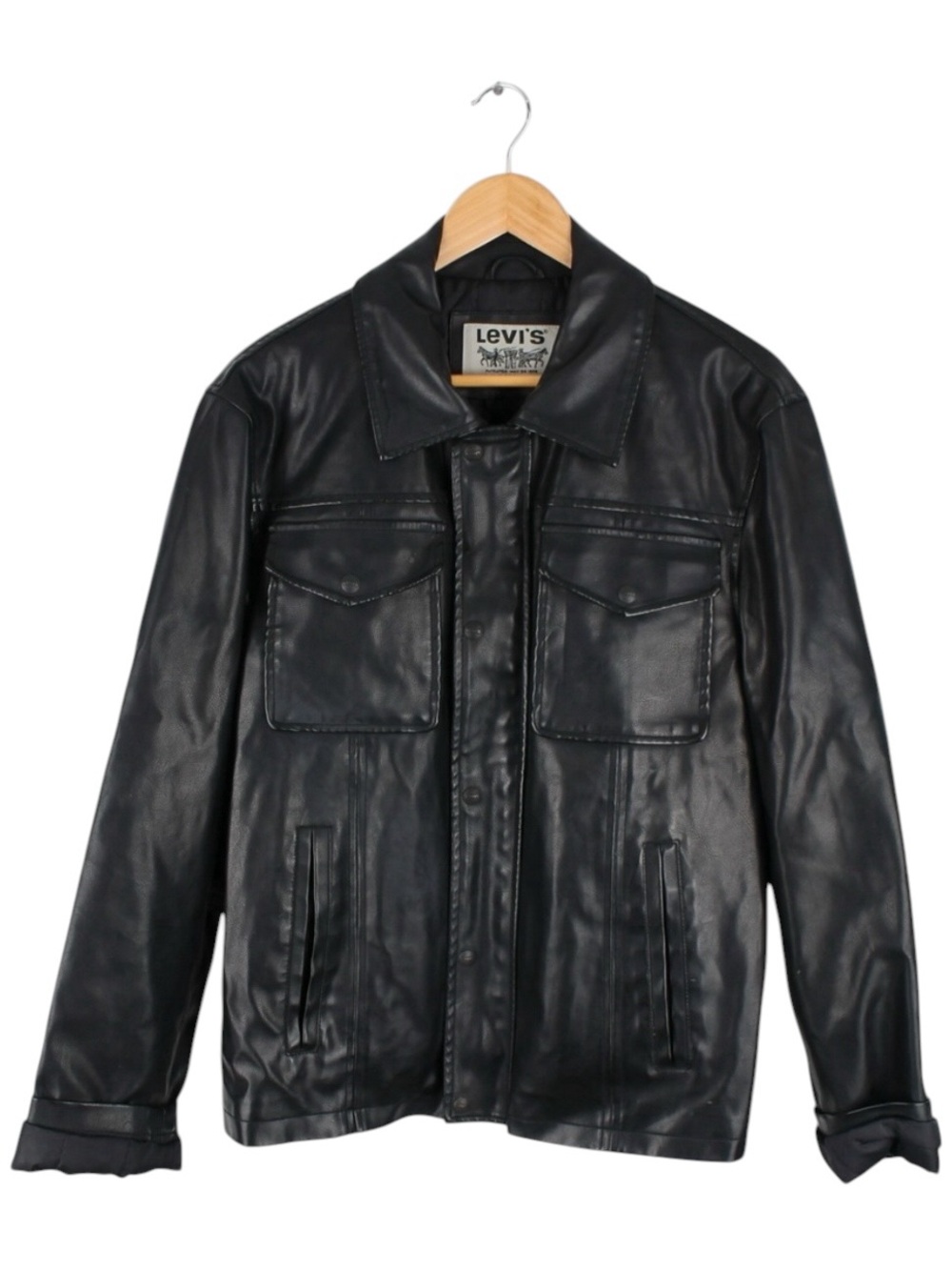 Levi's Black Faux Leather Jacket Mens Medium Button Front Western Moto Style